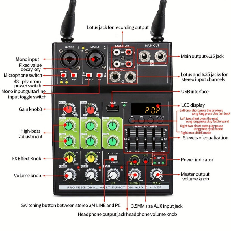 Professional Audio Mixer: Dual Microphone USB Rec DJ Console - Image 3